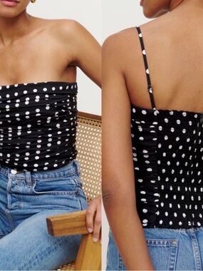 Reformation Orion Ruched Polka Dot Top Black Strapless Convertible Size 4
